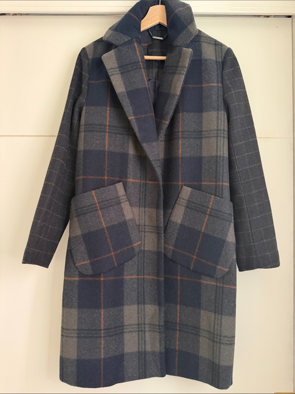Kendall & Kylie Navy and Gray Plaid Wool-Blend Pea Coat
